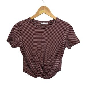Zara Black and Pink Striped Twist Front Knot Crop Top Cotton Short Sleeve Shirt